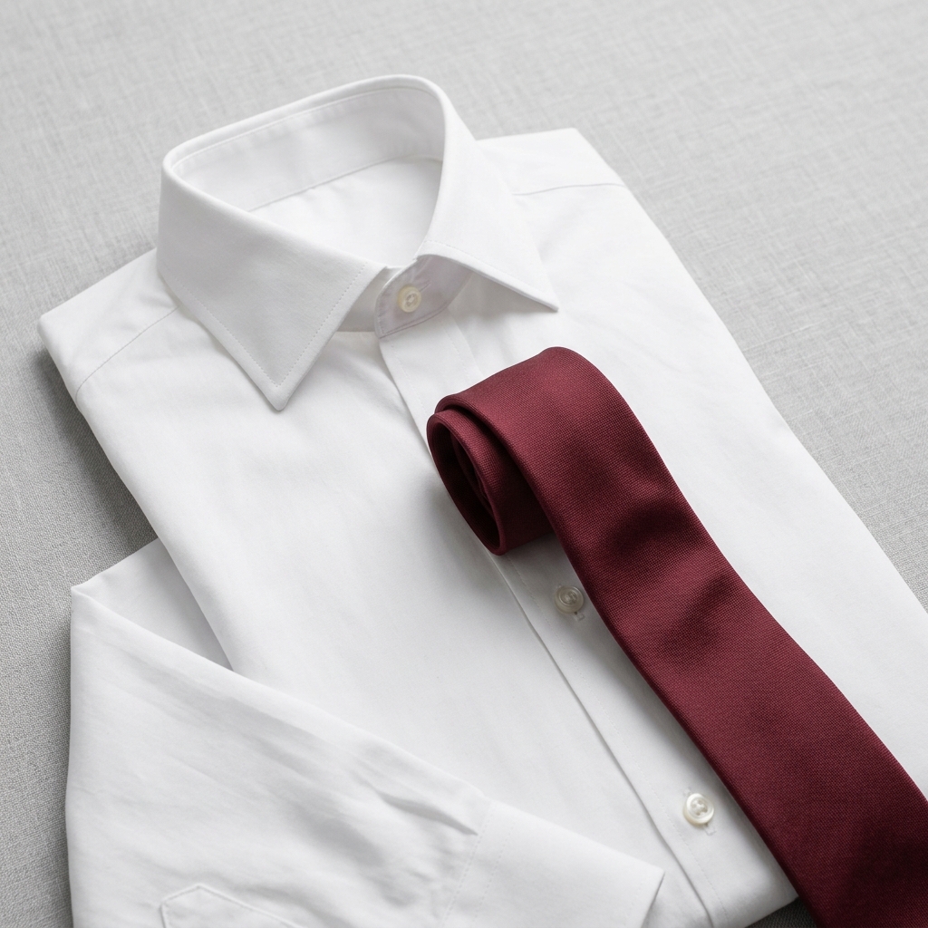 Premium dry cleaning service showing ironed white shirt and maroon tie